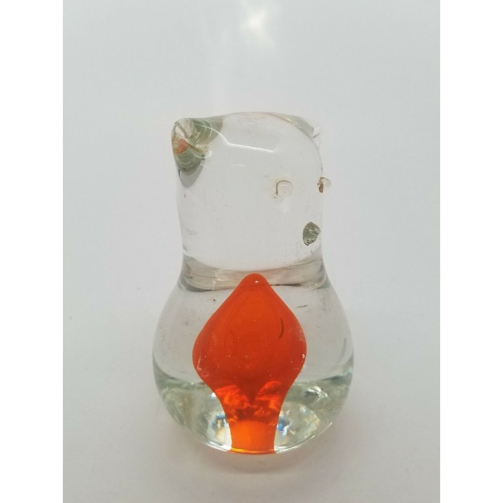Handblown Art Glass Cat Shaped Paperweight Clear with Orange Center